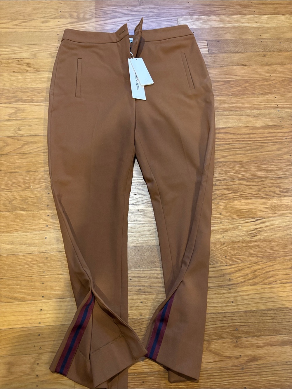 Veronica Beard Cropped Slim Pants in Brown with Striped Hem